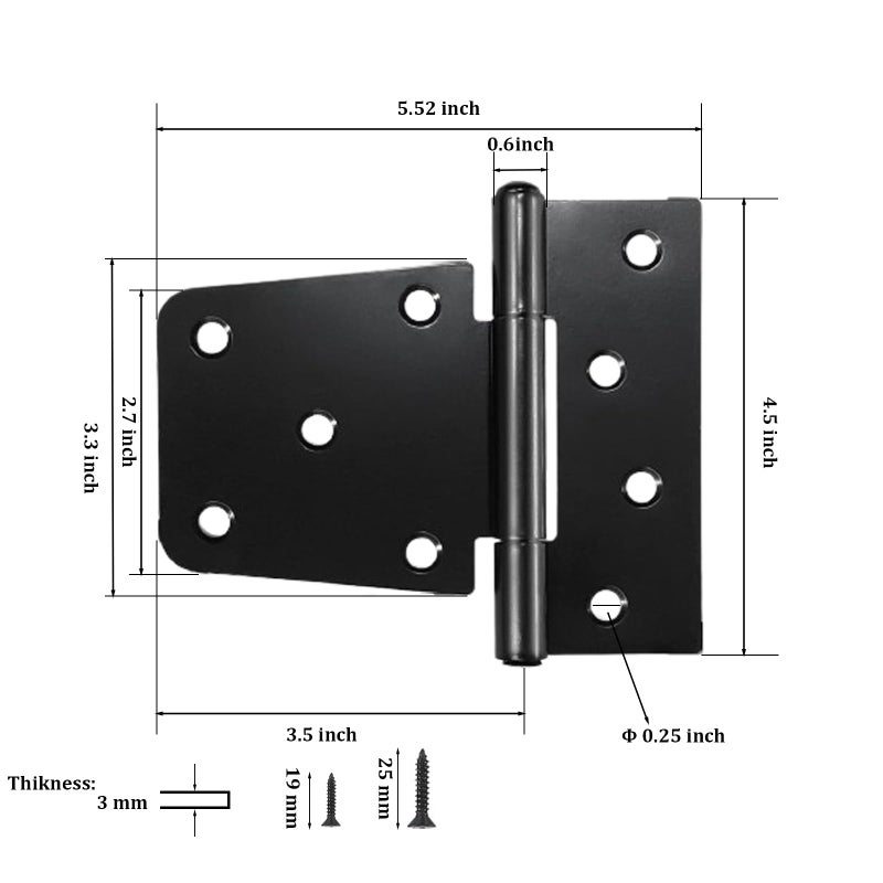 CTrowelpro 3-1/2"" Heavy Duty Gate Hinges, 2 Pack Black Iron Shed Door Hinges, Heavy Duty T Hinges Gate Hinges for Barn Wood Fence Gate Hinges with 36PCS Screws - Image 2